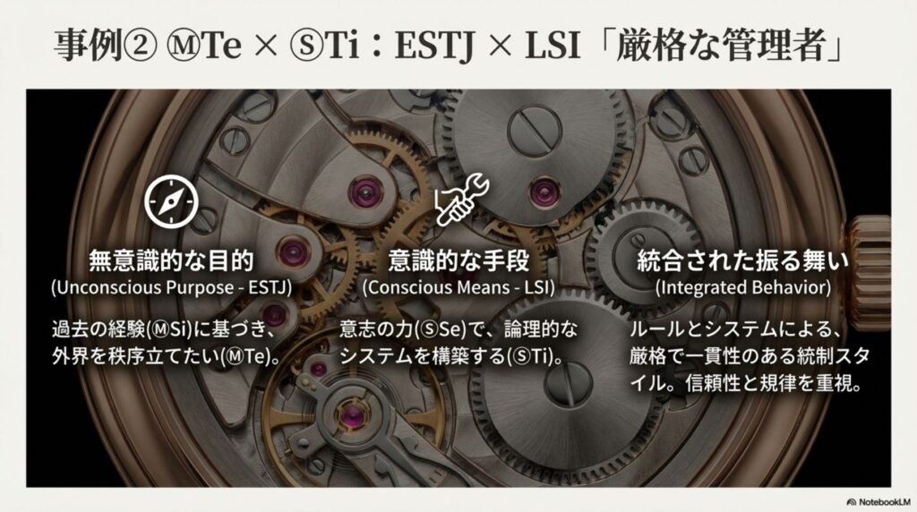 MBTI ESTJとソシオニクス LSIの統合事例。「厳格な管理者」として、過去の経験（MBTI Si）に基づき外界を秩序立てる目的と、意志の力（ソシオニクス Se）で論理的なシステム（ソシオニクス Ti）を構築する手段の融合。