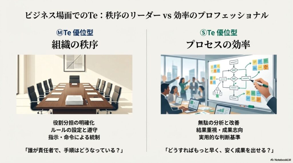 ビジネス場面におけるMBTI Teとソシオニクス Teの役割の違い。組織の秩序を重んじルール遵守や統制を重視するMBTI Te優位型と、プロセスの効率を重んじ無駄の改善や成果志向を重視するソシオニクス Te優位型の対比。