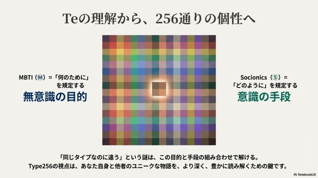 MBTIの「無意識の目的」とソシオニクスの「意識の手段」を掛け合わせたType256モデルの概念図。同じタイプでも個性が異なる理由を、目的と手段の組み合わせによって解き明かす視点を示しています。
