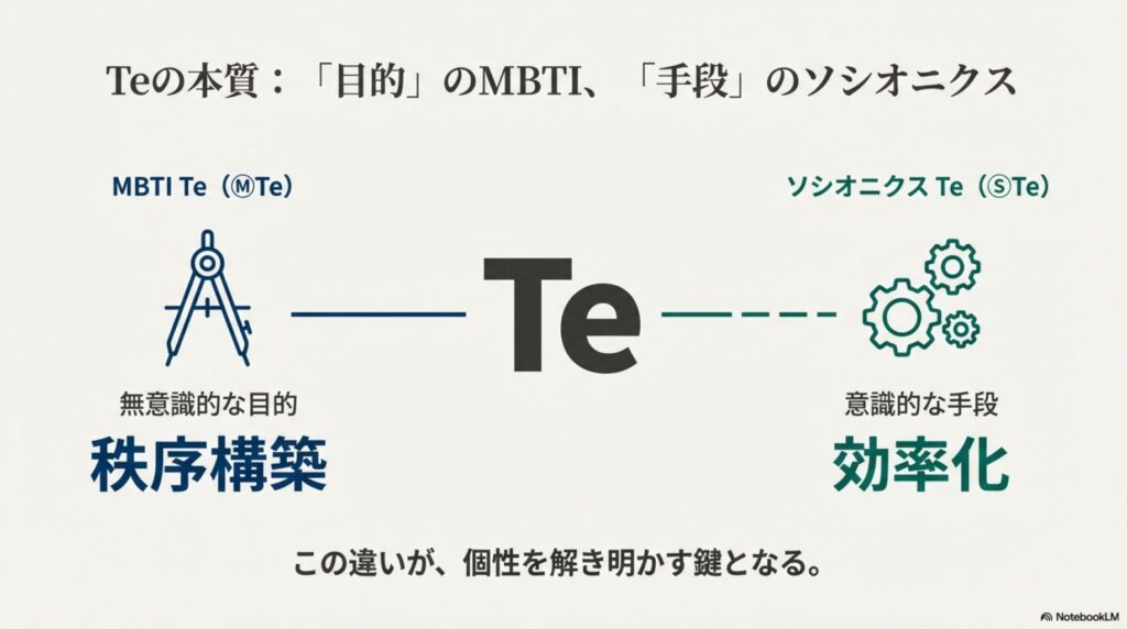 MBTI Te（外向的思考）とソシオニクス Teの違いを比較した図解。MBTI Teは「秩序構築」という目的、ソシオニクス Teは「効率化」という手段に焦点を当てていることを示しています。