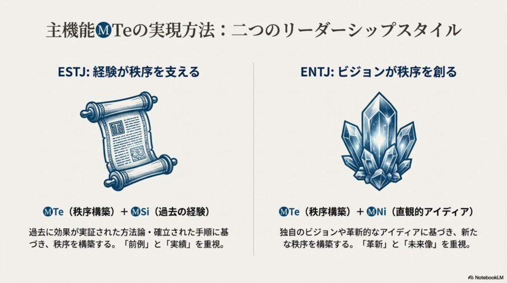MBTI Te（外向的思考）を主機能とするESTJとENTJのリーダーシップスタイルの違い。ESTJは経験（MBTI Si）に基づき前例を重視し、ENTJはビジョン（MBTI Ni）に基づき革新を重視する違いを比較。