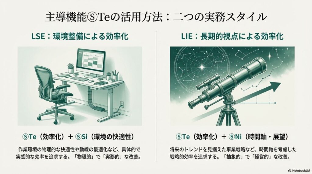 ソシオニクス Te（外向的思考）を主導機能とするLSEとLIEの比較。LSEは環境の快適性を最適化し、LIEは将来のトレンドを見据えた戦略的な効率を追求する。