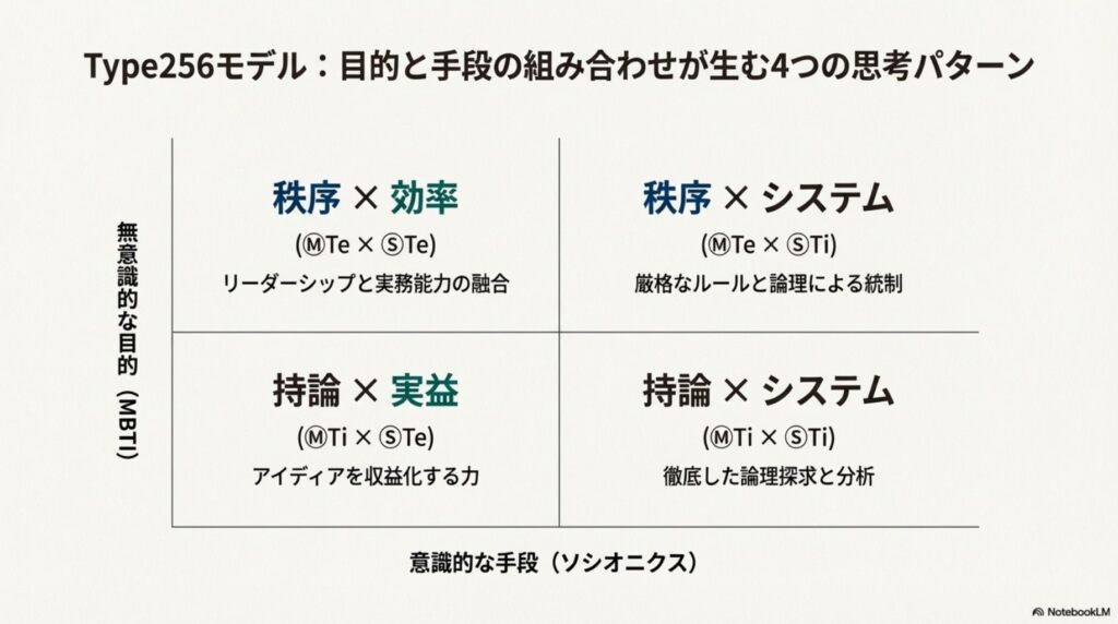 MBTIの目的とソシオニクスの手段を組み合わせた4つの思考パターン。秩序×効率、秩序×システム、持論×実益、持論×システムという4象限によるタイプ分類。