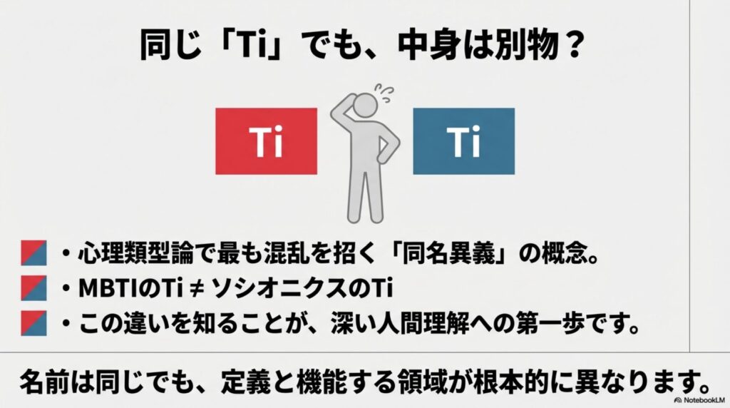 MBTIのTiとソシオニクスのTiが異なる定義を持つ「同名異義語」であることを示す比較イラスト。