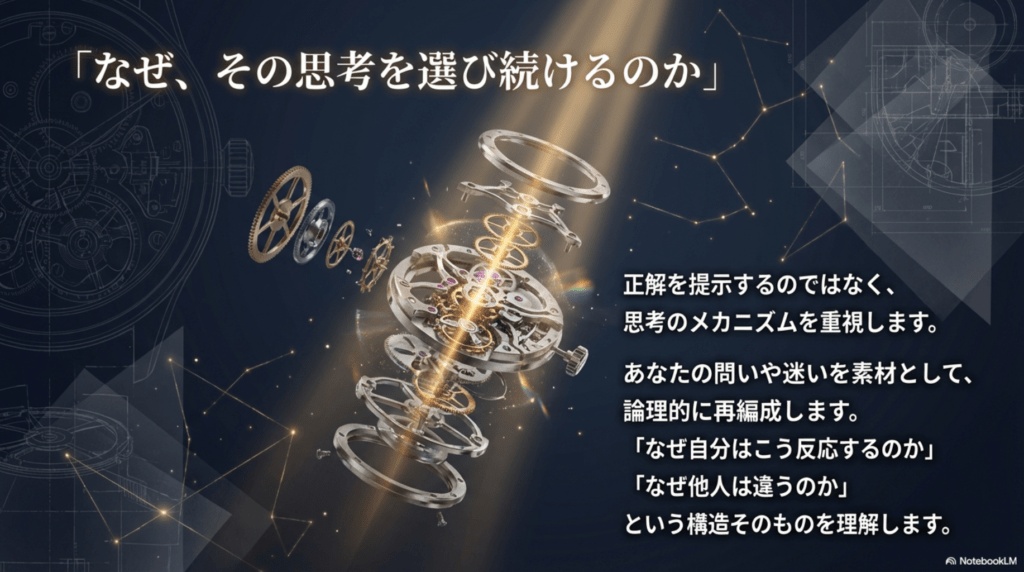 思考のメカニズムを精密な時計のパーツ分解に例えた図解。