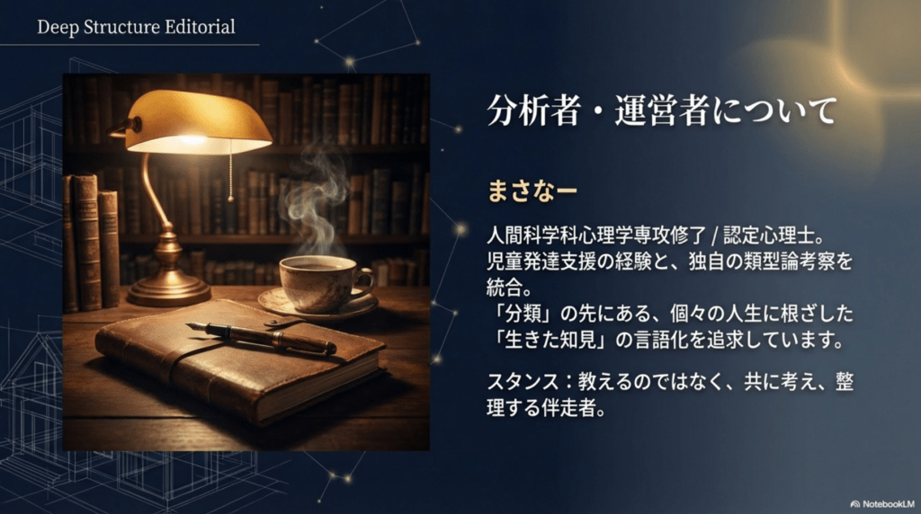 落ち着いた書斎の風景。分析者まさなーのプロフィール。