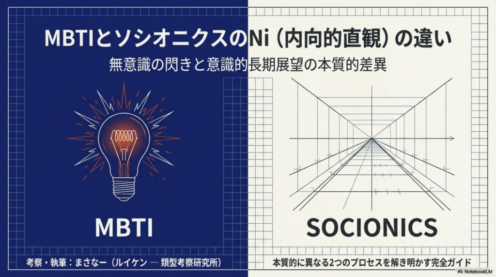 MBTI(閃き)とソシオニクス(長期展望)のNiの本質的差異を比較したアイキャッチ図解。