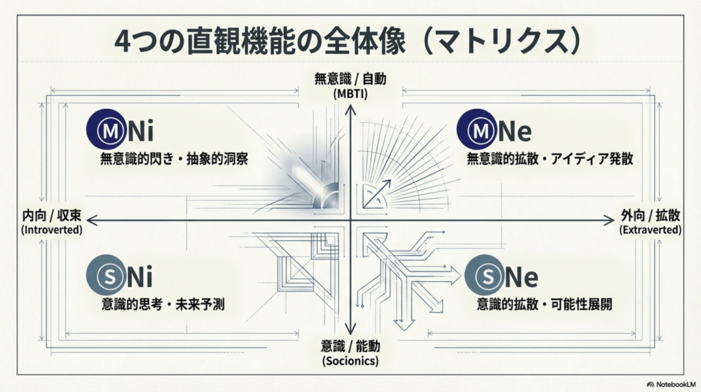 MBTI(無意識)とソシオニクス(意識)を軸にした、Ni(収束)とNe(拡散)の4象限マトリクス図解。
