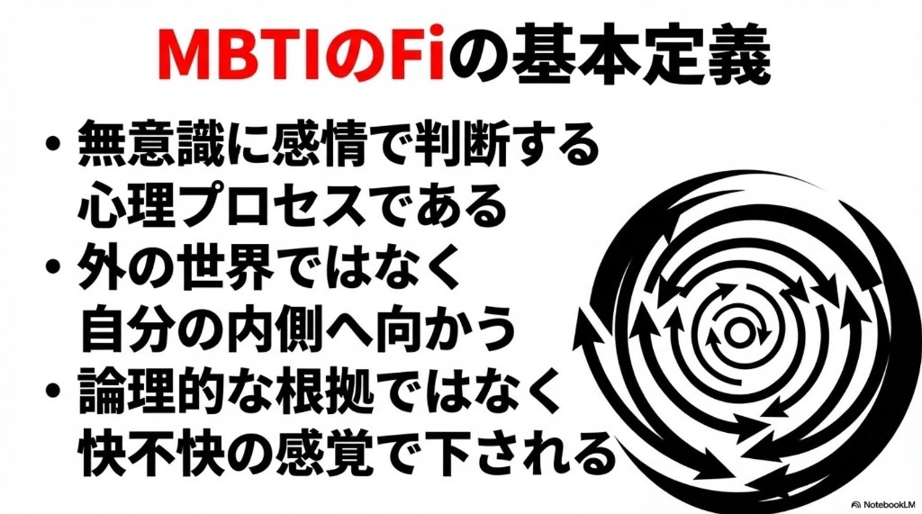 MBTIのFiの基本定義:無意識に感情で判断する心理プロセスであり、外の世界ではなく自分の内側へ向かい、快不快の感覚で下される