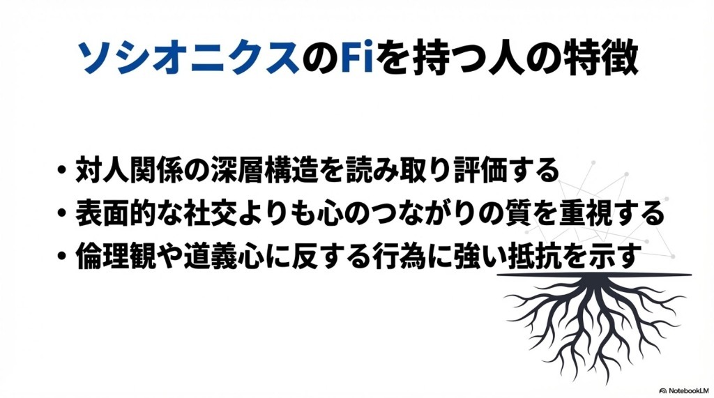 ソシオニクスのFiを持つ人の特徴:対人関係の深層構造を読み取り、表面的な社交よりも心のつながりの質を重視し、倫理観や道義心に反する行為に強い抵抗を示す