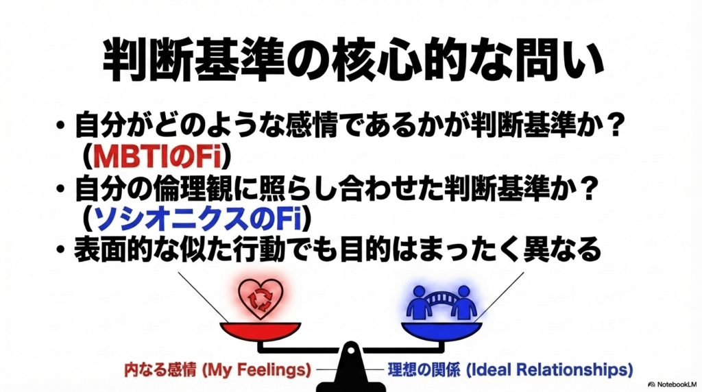 判断基準の核心的な問い:MBTIのFiは自分がどのような感情であるかが判断基準となる一方、ソシオニクスのFiは自分の倫理観に照らし合わせた判断基準となる