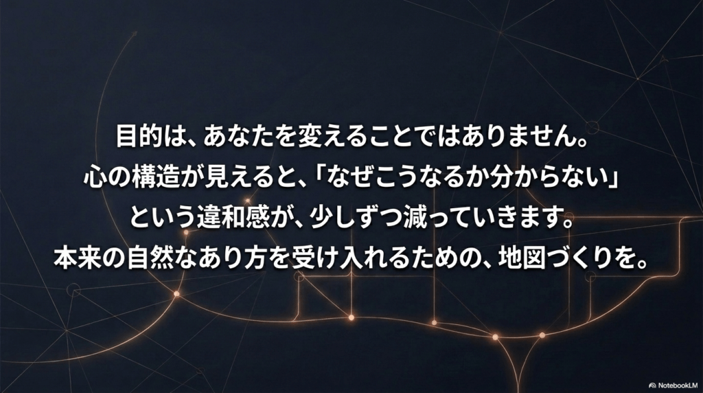「目的はあなたを変えることではなく、心の構造を見える化し、本来の自然なあり方を受け入れるための地図づくり」と記された、サービスの哲学を伝えるメッセージ画像。
