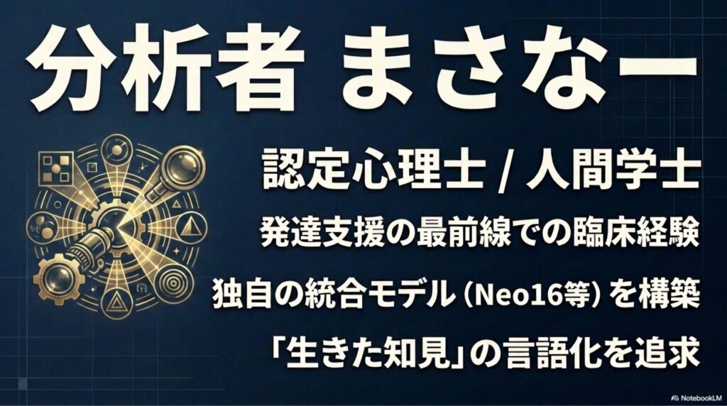 分析者「まさなー」の紹介。認定心理士・人間学士であり、発達支援の臨床経験に基づき独自の統合モデルを構築していることの説明。