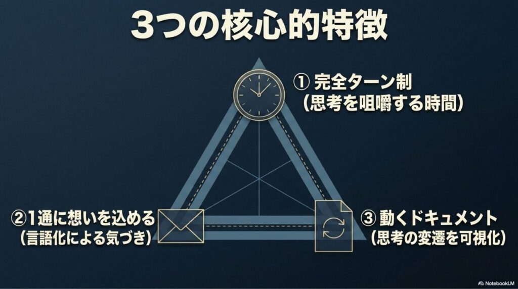 サービスの3つの特徴：完全ターン制による咀嚼時間、言語化による気づき、思考の変遷を可視化する動くドキュメントの解説図。