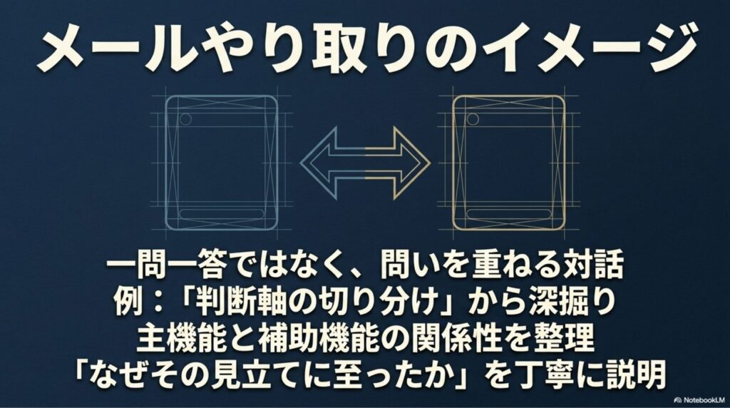 メールでの対話イメージ。一問一答ではなく、判断軸の切り分けや見立ての根拠を丁寧に深掘りするコミュニケーションの説明。