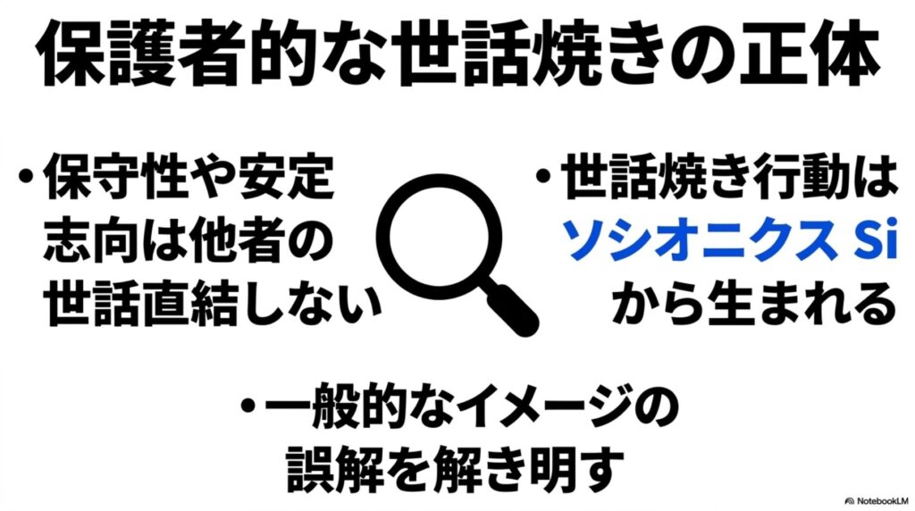 一般的な世話焼き行動の源泉が、MBTIのSi（保守性）ではなくソシオニクスのSi（快・不快の調整）にあることを示す解説図。