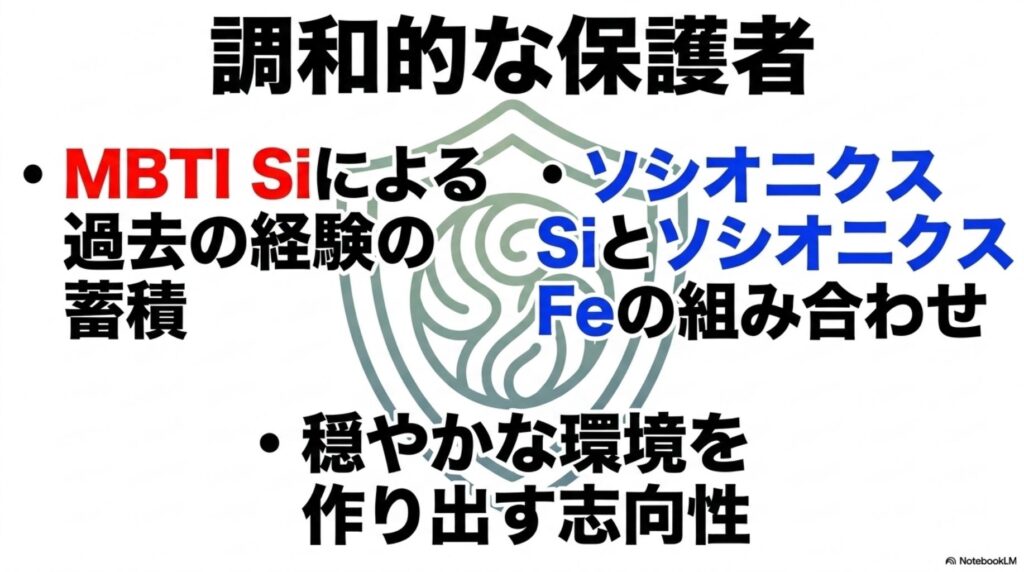 MBTIのSiによる過去の経験と、ソシオニクスのSiとFeの組み合わせによって生まれる「穏やかな環境を作り出す志向性」を説明した図解。