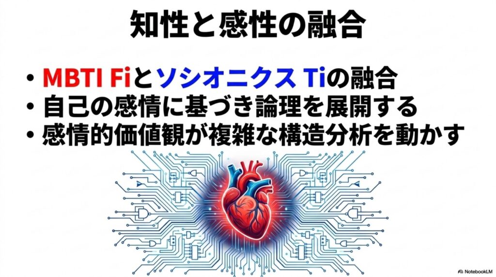 MBTIのFiとソシオニクスのTiの融合。感情的価値観を原動力として、複雑な構造分析を展開する「知性と感性の融合」の図解。
