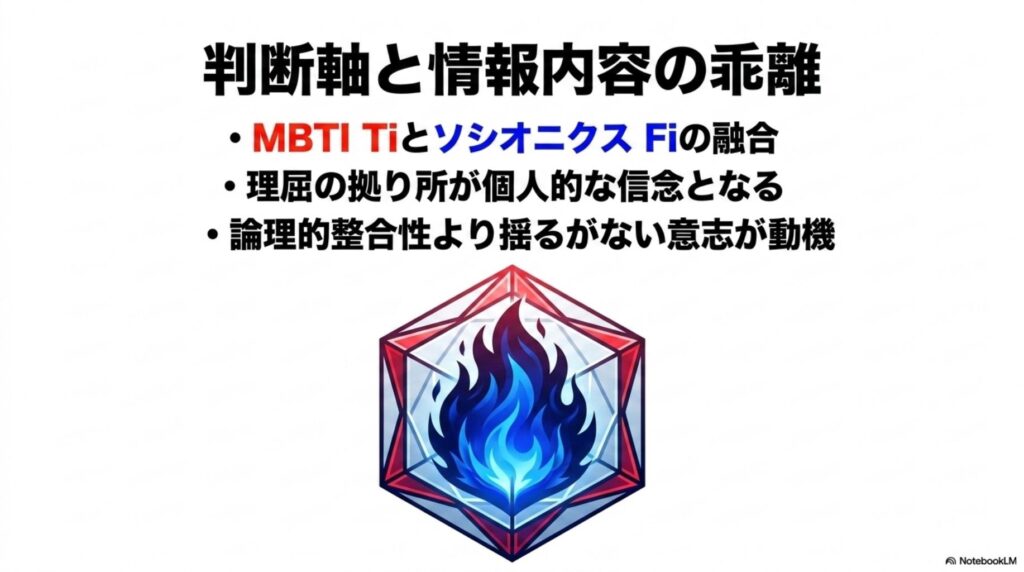 MBTIのTiとソシオニクスのFiの融合。論理的な整合性よりも、揺るぎない個人的信念を理屈の拠り所とする図解。