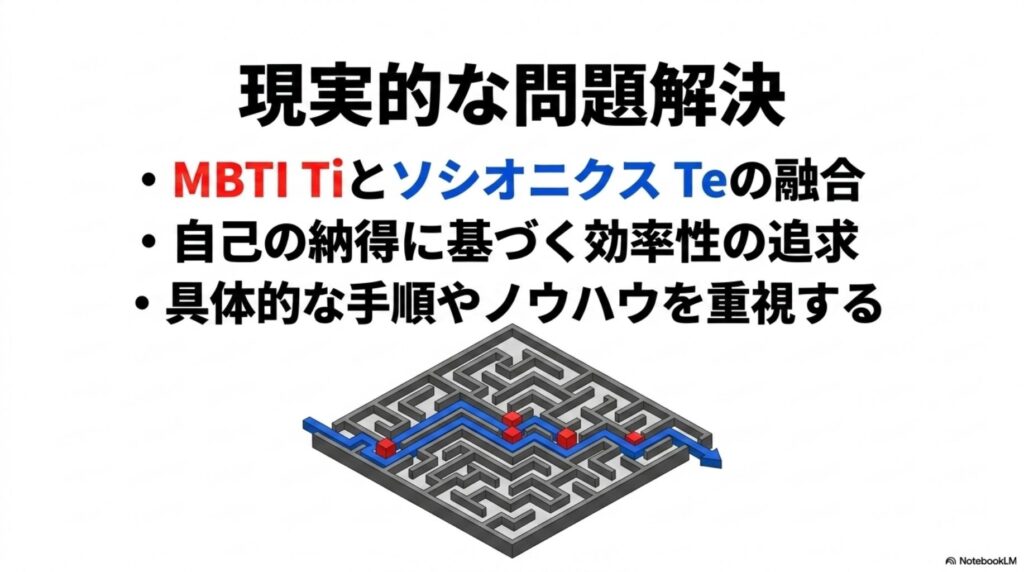 MBTIのTiとソシオニクスのTeの融合。自己の納得に基づき、現実的な問題解決や効率的な手順を追求する図解。