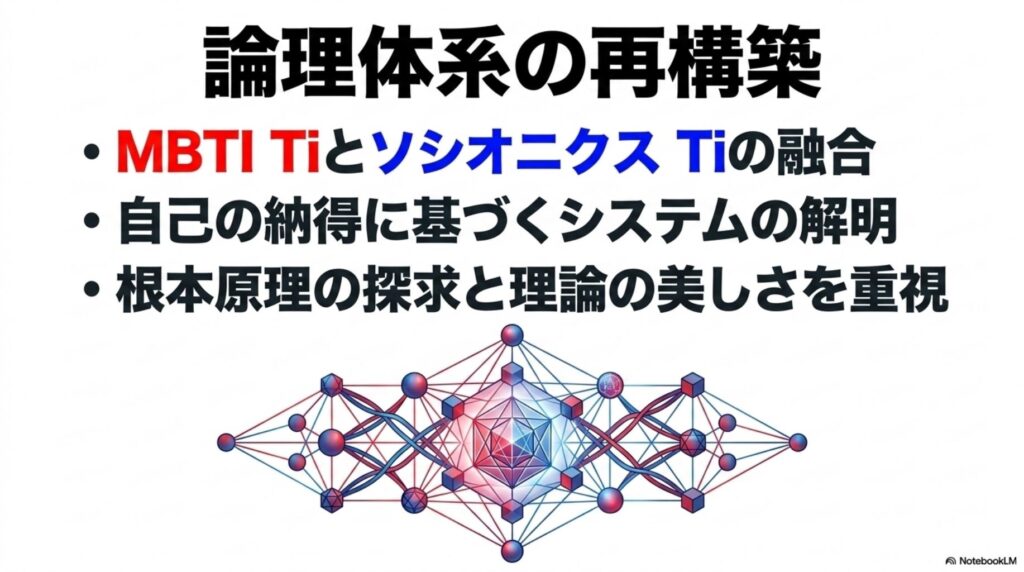 MBTIのTiとソシオニクスのTiの融合。自己の納得に基づきシステムの根本原理を解明する「論理体系の再構築」の図解。