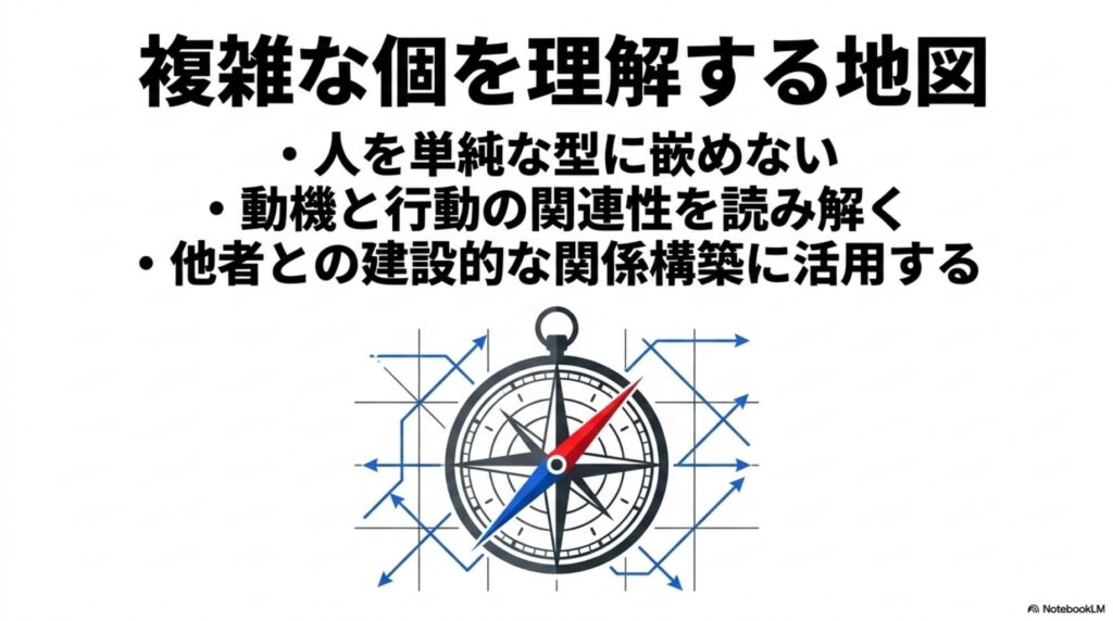 複雑な個を理解するための地図とコンパスの図。単純な型に嵌めず、動機と行動の関連性を読み解き建設的な関係を築くための指針。