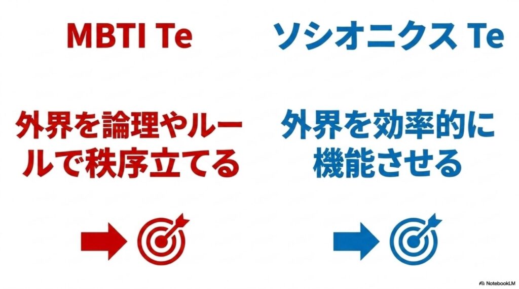MBTIのTeが外界をルールで秩序立てるのに対し、ソシオニクスのTeは外界を効率的に機能させることを目指す違いを示した図。