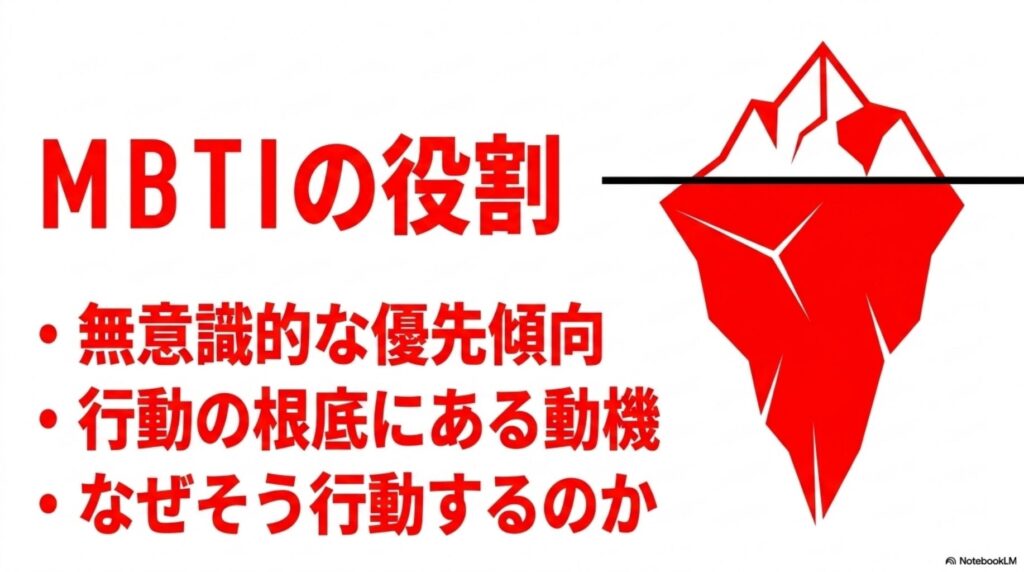 MBTIの役割を氷山に例えた図。行動の根底にある「なぜそう行動するのか」という無意識的な動機を説明。