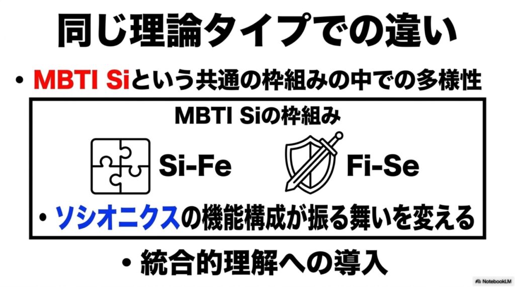 同じMBTI Siタイプであっても、ソシオニクスの機能構成（Si-FeやFi-Se）によって振る舞いが変わることを示す、統合的理解のための図解。