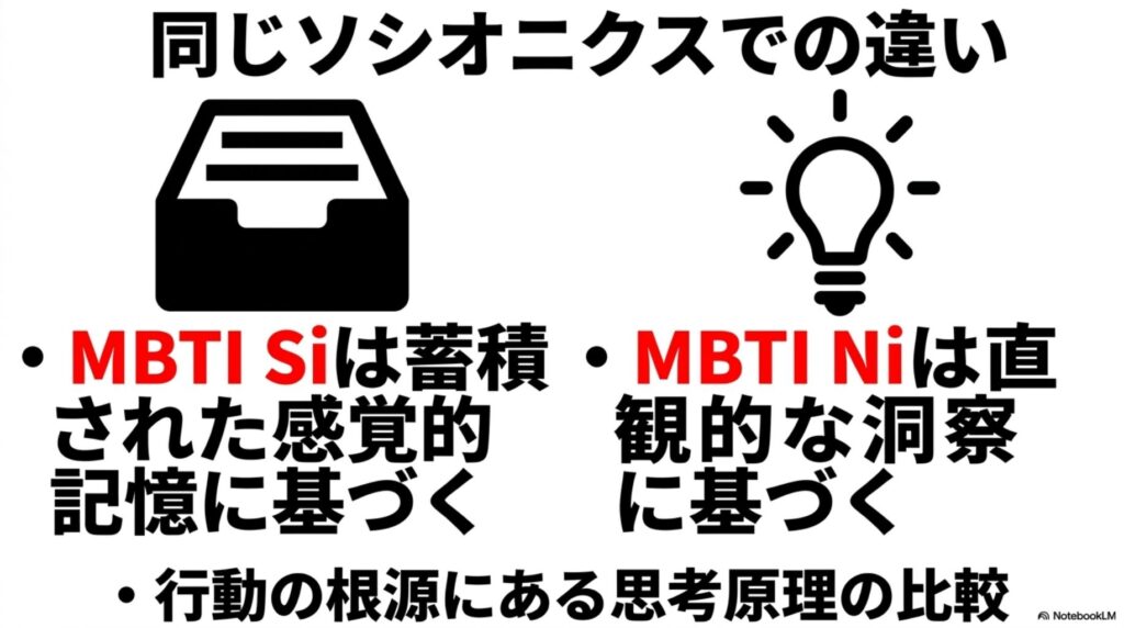 MBTIにおけるSi（感覚的記憶の蓄積）とNi（直感的洞察）の思考原理の違いを、整理箱と電球のアイコンで図解した画像。