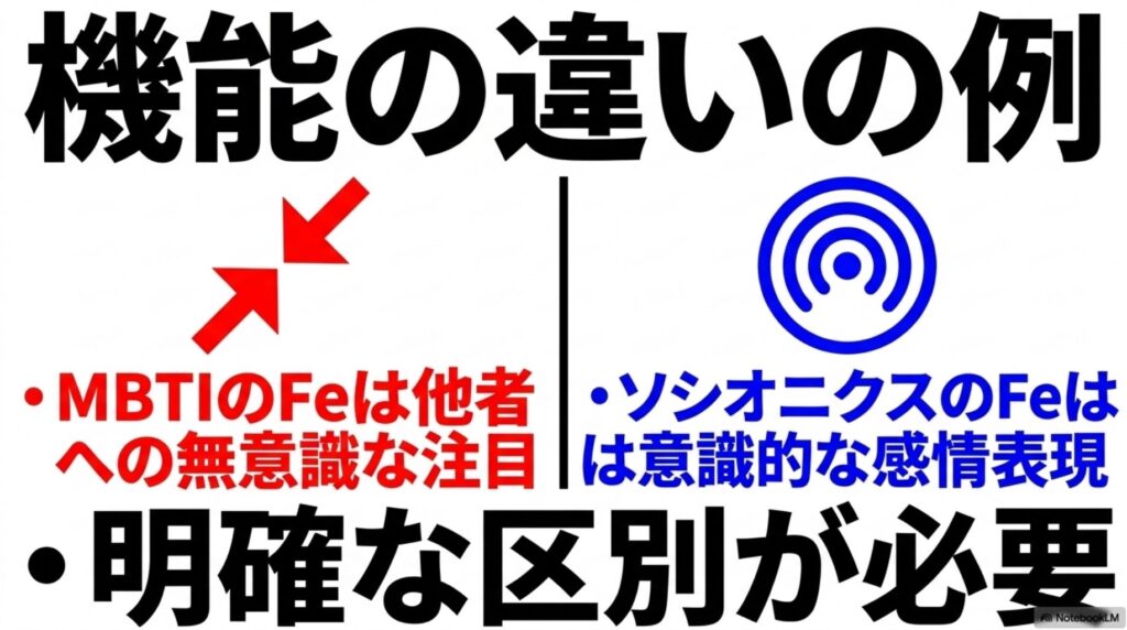 外向的感情(Fe)におけるMBTIとソシオニクスの定義の違い。無意識の注目と意識的な表現の区別を解説。