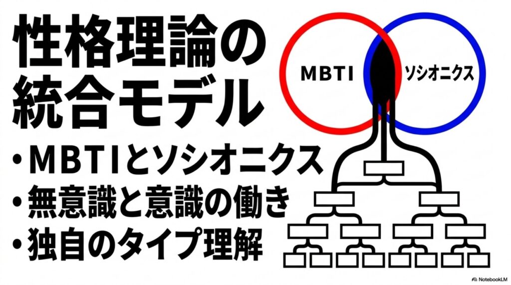 MBTIとソシオニクスの統合モデルを示す図。両理論の重なりと無意識・意識の働き、独自のタイプ理解についての概要。