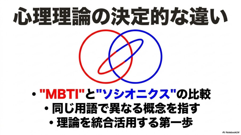 MBTIとソシオニクスの関係を示すベン図。同じ用語を使いながら異なる概念を指す「心理理論の決定的な違い」を解説する図解。