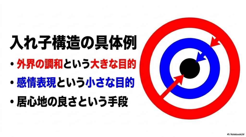 性格の重層的な構造を示す図。外界の調和（大目的）、感情表現（小目的）、居心地の良さ（手段）の三層構造。
