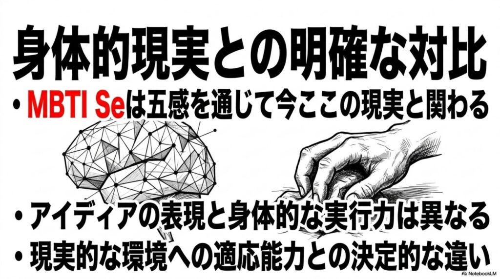 身体的現実との明確な対比｜MBTI Seは五感を通じて今ここの現実と関わる、アイディアの表現と身体的実行力は異なる