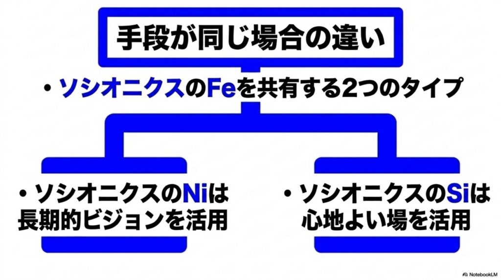 ソシオニクスのFeを共有する2つのタイプが、Ni（長期的ビジョン）やSi（心地よい場）を活用する際の違いを示す図。