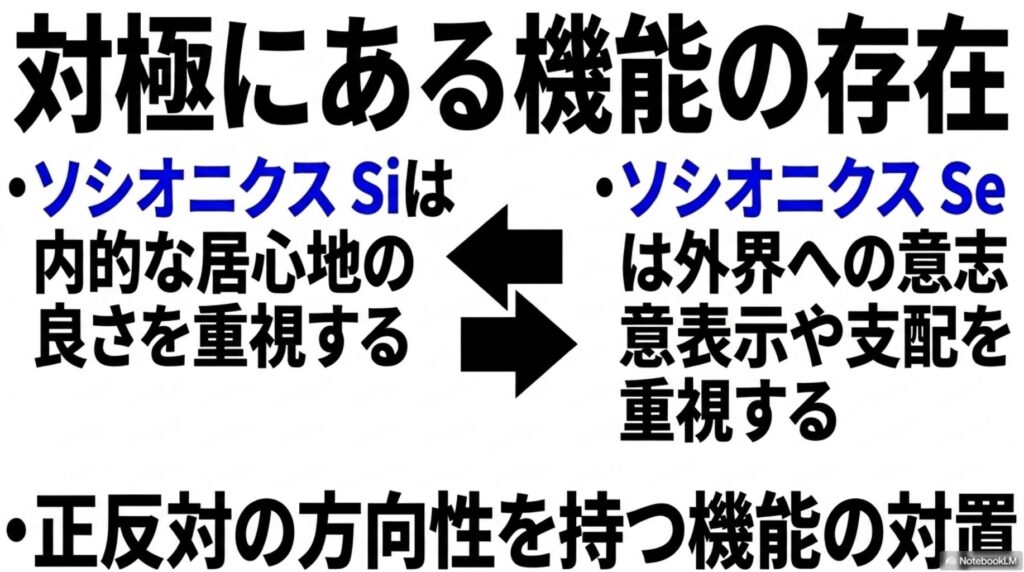 ソシオニクスにおけるSi（内的な居心地の良さ）とSe（外界への意志表示・支配）の正反対な方向性を示す対置図。