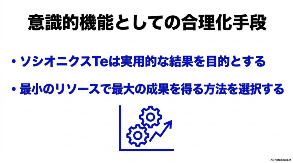 ソシオニクスのTeが実用的な結果を目的とし、合理的な手段を選択する「合理化手段」としての機能を説明。