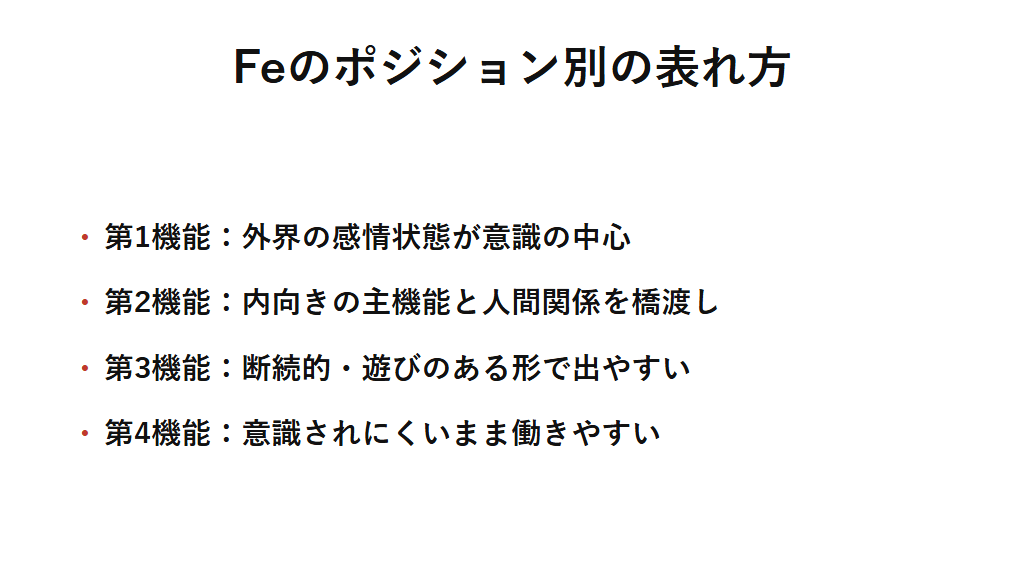 Feが機能スタックのポジションによってどう表れるかを整理した図解。第1機能では外界の感情状態が意識の中心になり、第2機能では内向きの主機能と外界の人間関係を橋渡しし、第3機能では断続的に現れ、第4機能では意識されにくいまま働きやすいことを示す。