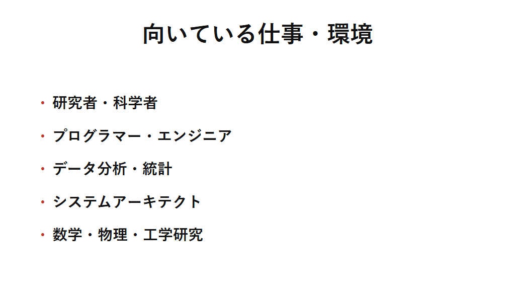 INTPに向いている仕事の例を挙げた図解。研究者やプログラマー、データ分析、システムアーキテクト、数学や物理の研究など、論理体系を構築し続けられる環境が向いている。