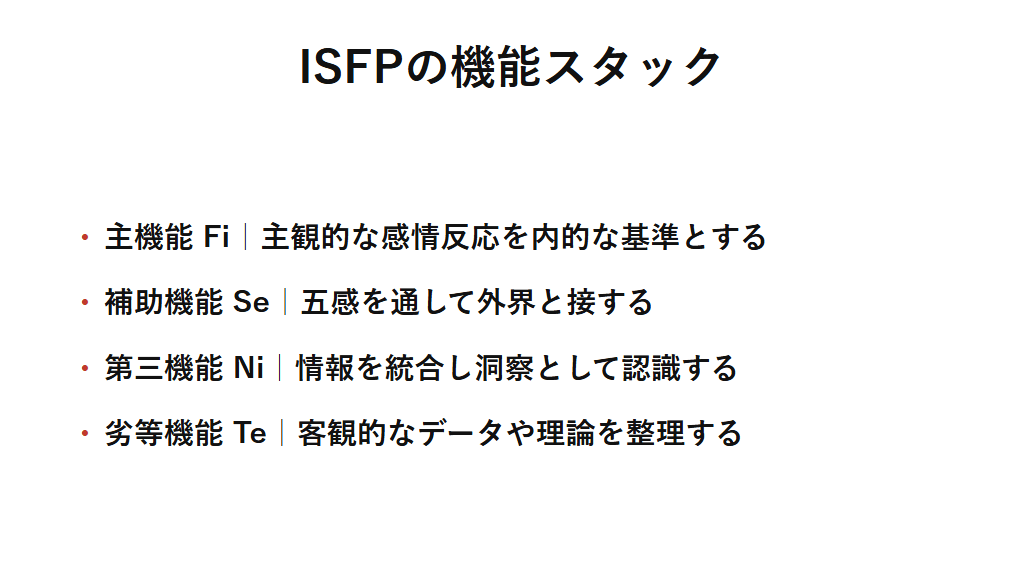 ISFPの機能スタックを整理した図解。主機能Fiで自分自身の主観的な感情反応を内的な基準とし、補助機能Seで身体を通した五感によって外界と接するという認知の核を持ち、第三機能Ni、劣等機能Teが続く構造を示す。