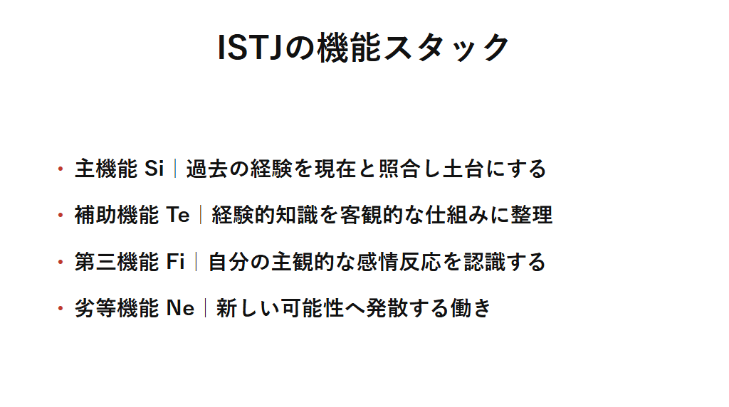 ISTJの機能スタックを整理した図解。主機能Siで過去の経験や記憶を現在と照合して認識の土台を形成し、補助機能Teで経験的知識を客観的な基準や仕組みとして整理するという認知の核を示す。