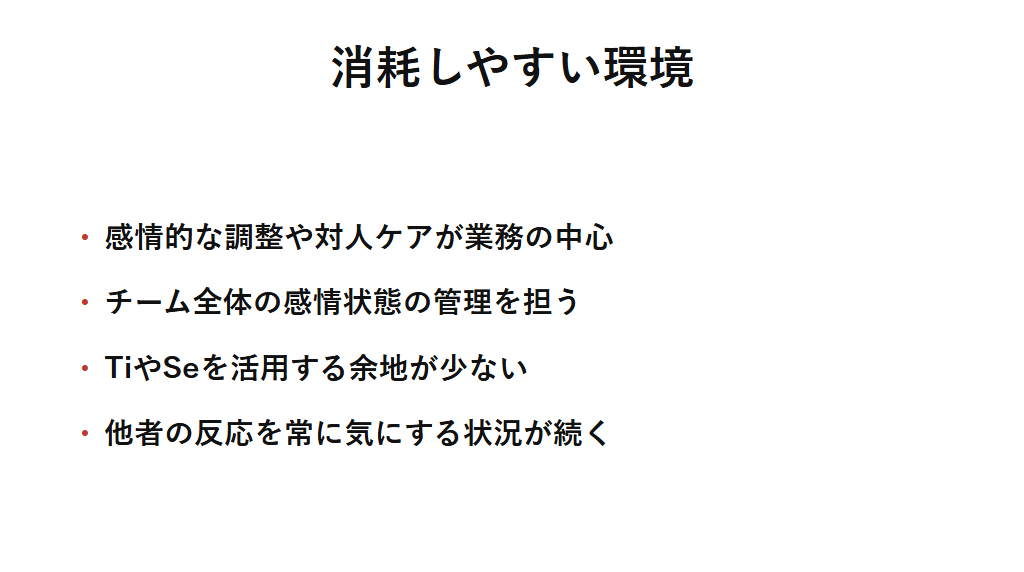 ISTPが消耗しやすい環境を整理した図解。劣等機能Feを常時高いレベルで使うことが求められ、対人的な感情調整が業務の中心となる環境ではTiやSeを活用する余地が少なくなり消耗しやすいことを示す。