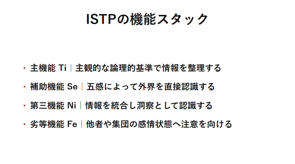 ISTPの機能スタックを整理した図解。主機能Tiで主観的な論理的基準によって情報を整理し、補助機能Seで身体を通した五感によって外界を直接認識するという認知の核を持ち、第三機能Ni、劣等機能Feが続く構造を示す。
