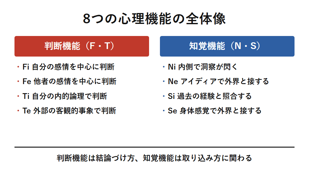 8つの心理機能を判断機能と知覚機能に分けて整理した図解。判断機能のFi・Fe・Ti・Teは情報をどう評価し結論づけるかに関わり、知覚機能のNi・Ne・Si・Seは情報をどう取り込み認識するかに関わることを示す。