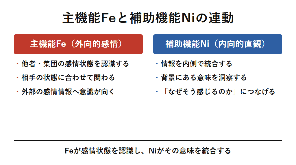 ENFJの機能スタックを整理した図解。主機能Feで他者・集団の感情状態を認識し、補助機能Niでその情報を内側で統合して洞察を形成するという連動構造を示す。