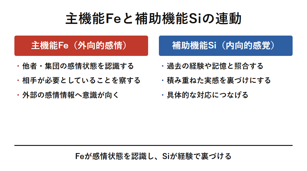 ESFJの機能スタックを整理した図解。主機能Feで他者や集団の感情状態を認識し、補助機能Siで過去の経験や記憶と照合して具体的な対応につなげるという構造を示す。