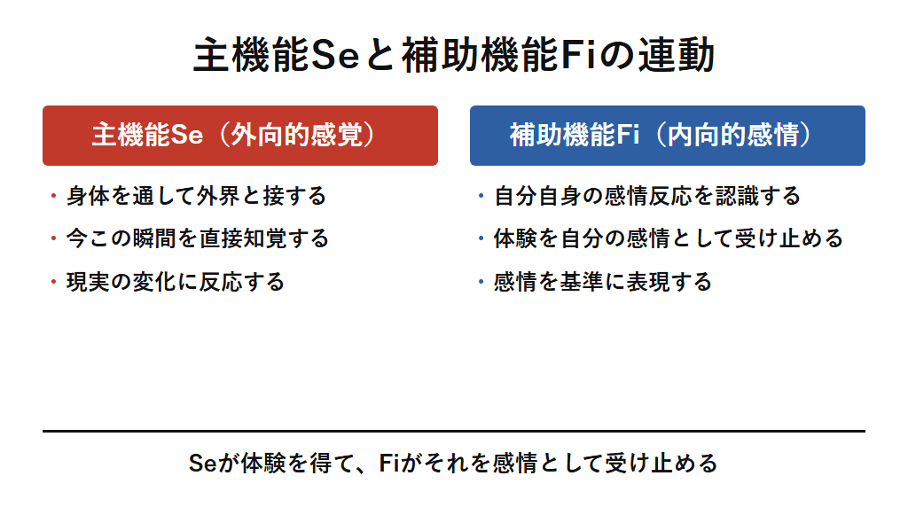 ESFPの機能スタックを整理した図解。主機能Seで身体を通して外界と接して直接知覚し、補助機能Fiで自分自身の主観的な感情反応を認識するという構造を示す。