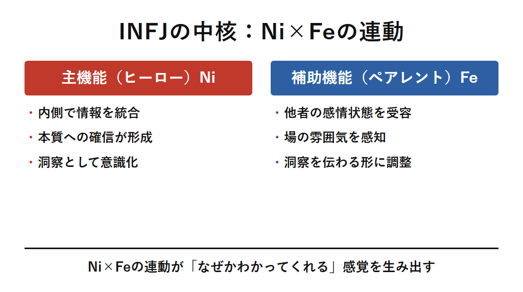 INFJの主機能Ni(内向的直観)と補助機能Fe(外向的感情)の役割を対比し、内側の洞察が他者の感情に合わせて届けられる流れを示す図解