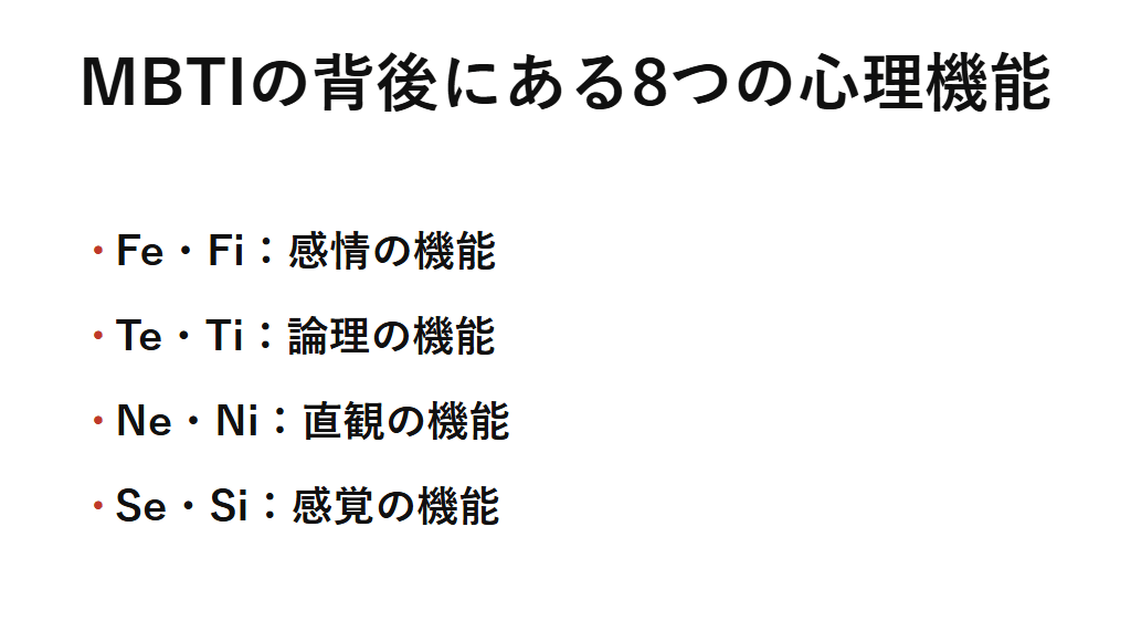 MBTIの概要を整理した図解。ユングの類型論を源流にマイヤーズとブリッグスが体系化した心理タイプで、4文字コードの背後にFe・Fi・Te・Ti・Ne・Ni・Se・Siの8つの心理機能の優先順位がある。